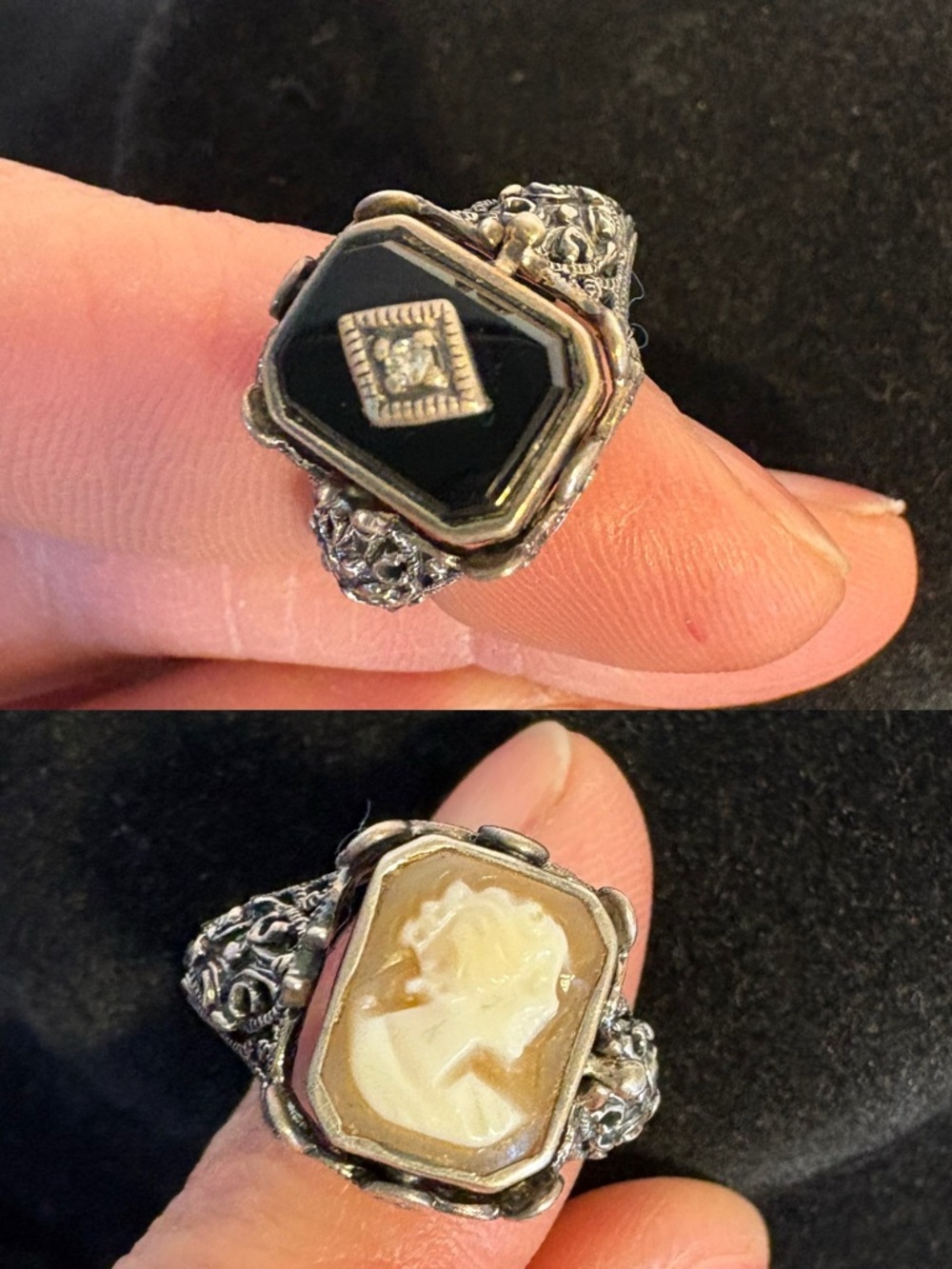 Sterling Silver onyx and cameo vintage flip ring 6.75